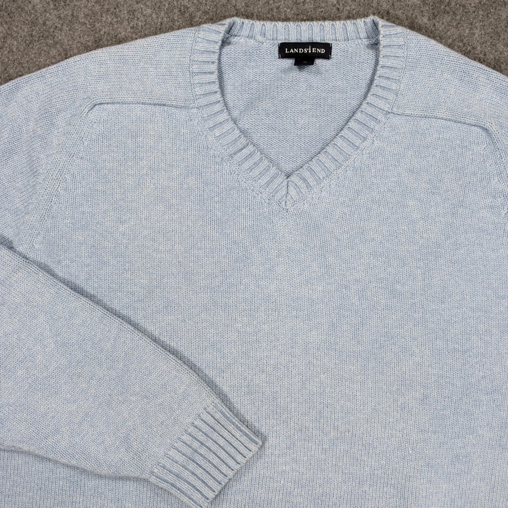 Lands End Mens XL V-Neck Sweater Light Blue Cotton Knit 74870 V#1581